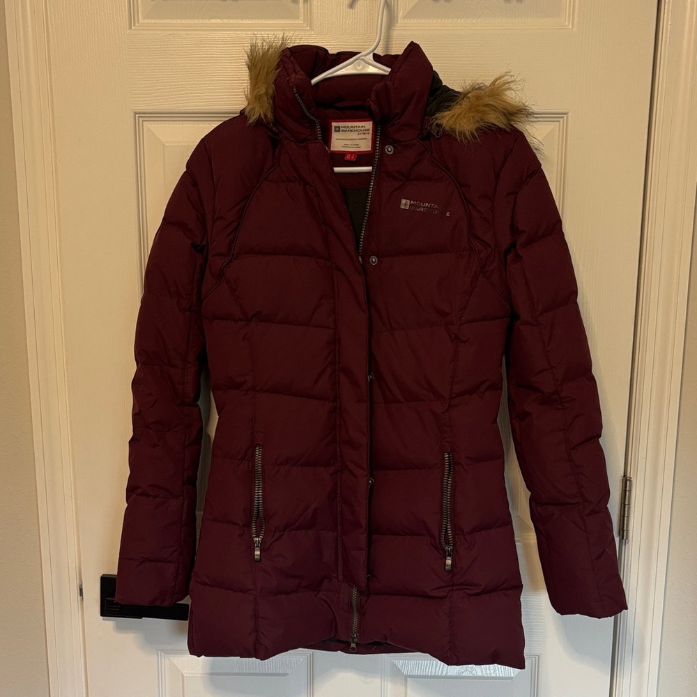 Women's Burgundy Puffer Jacket with Faux Fur Hood